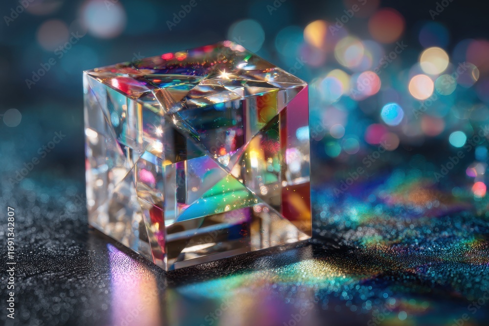 Aufkleber a mesmerizing crystal cube refracting vibrant light, creating colorful abstract patterns and bokeh.
