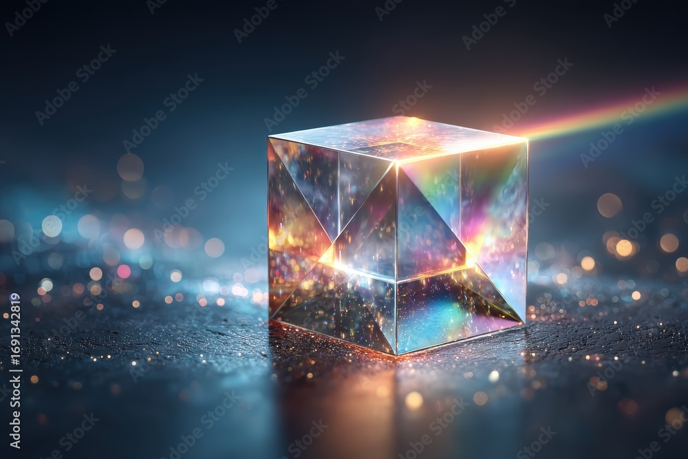 Poster a mesmerizing crystal cube refracting light into a vibrant rainbow spectrum