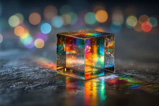 A vibrant, reflective glass cube showcasing a spectrum of colors and sparkling bokeh lights.