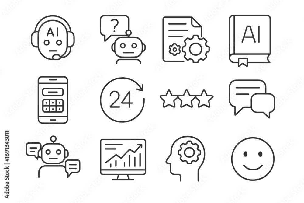 Poster ai customer service icons. outline icon set of ai in customer service: headset with ai robot, faq bo