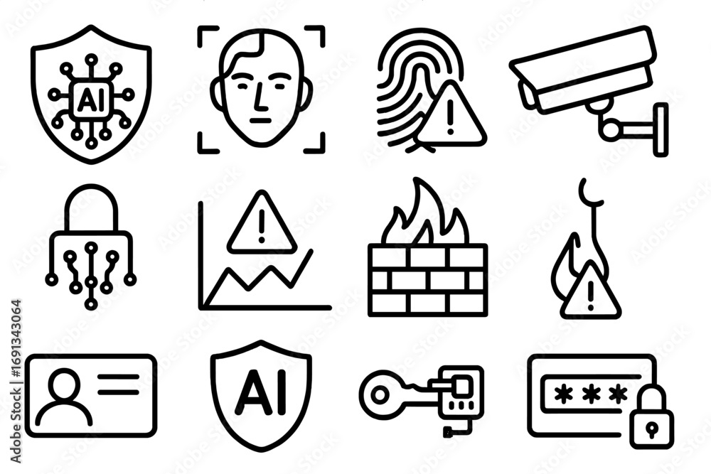 Poster ai security icons. outline icon set of ai in security: shield with ai circuit, biometric face scan, 