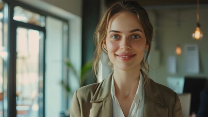A young woman smiling warmly at the camera in a professional office environment.