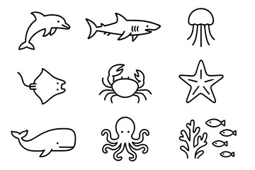 Obraz premium Aquatic Wildlife Icons. Outline icon set of aquatic wildlife: dolphin, shark, sea turtle, jellyfish, manta ray, seahorse, crab,