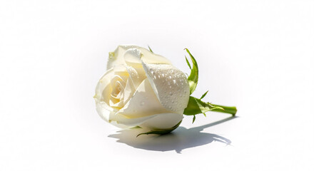 Delicate white rosebud glistening with fresh water droplets, perfect for romance or elegant design concepts.