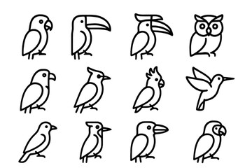 Fototapeta premium Arboreal Birds Icons. Outline icon set of arboreal birds: parrot, toucan, hornbill, owl, eagle, jay, cockatoo, hummingbird, oriole