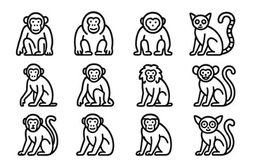 Arboreal Primates Icons. Outline icon set of arboreal primates: chimpanzee, orangutan, gibbon, lemur, spider monkey, capuchin,