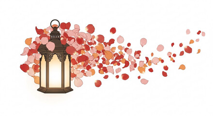 Elegant lantern glows amidst a cascade of vibrant, drifting rose petals creating a romantic, whimsical scene