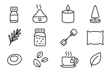 Aromatherapy Icons Grid. Outline icon set of Aromatherapy and relaxation aids: essential oil bottle, diffuser, scented candle,