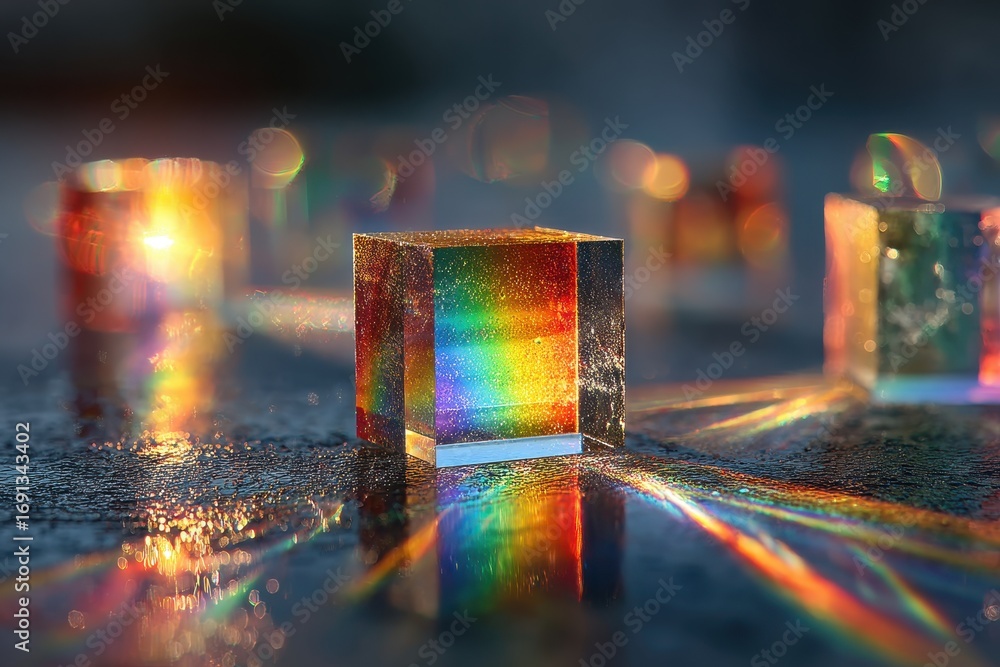 Poster colorful light spectrum from crystal cube reflection on wet surface.