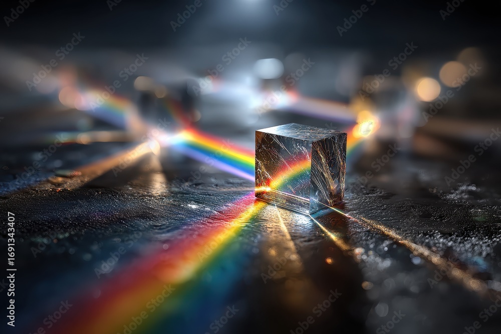Aufkleber light dispersion through a cube prism creating a vibrant rainbow spectrum.