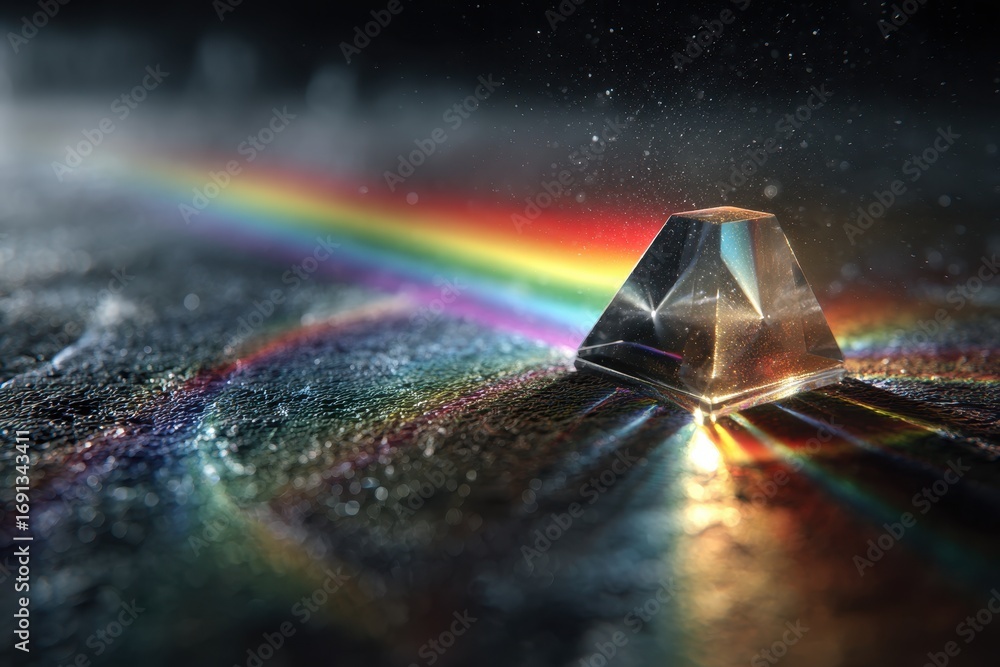 Poster light spectrum dispersion through a crystal prism creating a vibrant rainbow on a dark background.