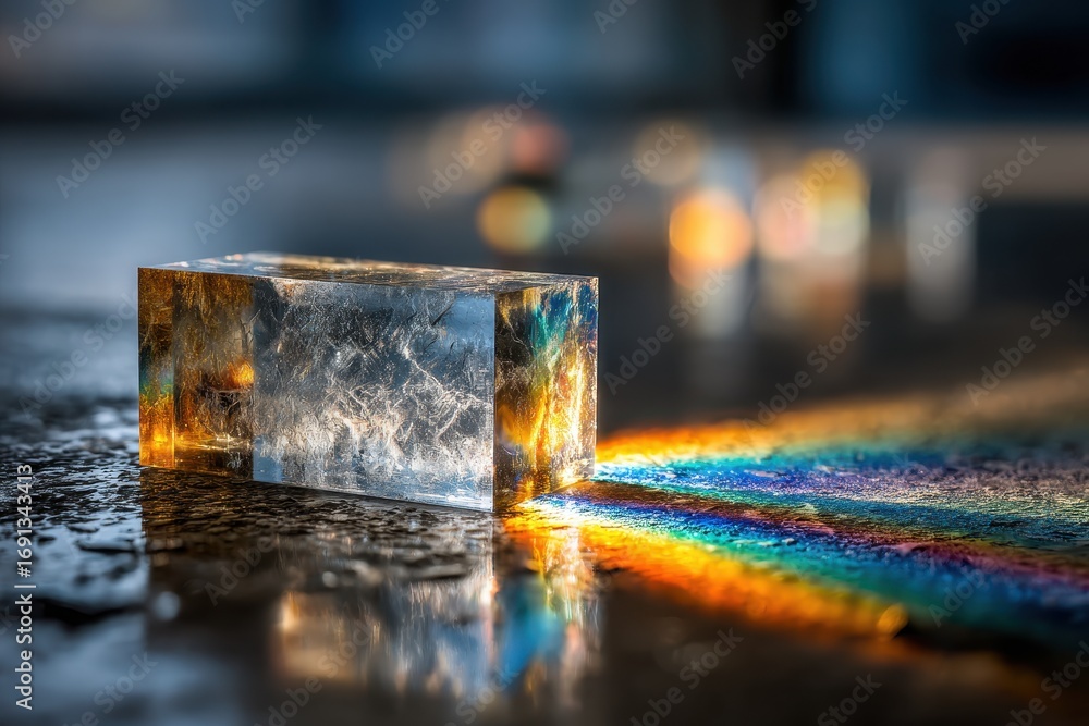 Aufkleber stunning ice block creating a vibrant rainbow spectrum on a wet surface with glowing light.