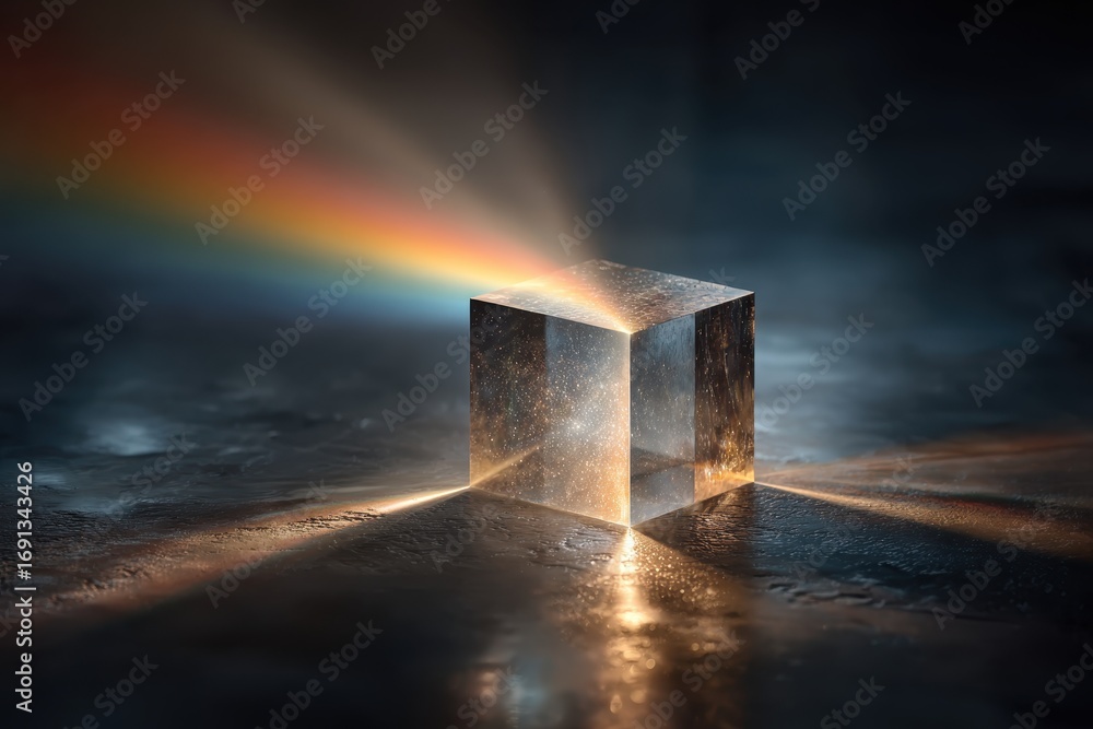 Poster a mesmerizing transparent cube refracting a vibrant spectrum of light onto a dark, reflective surfac