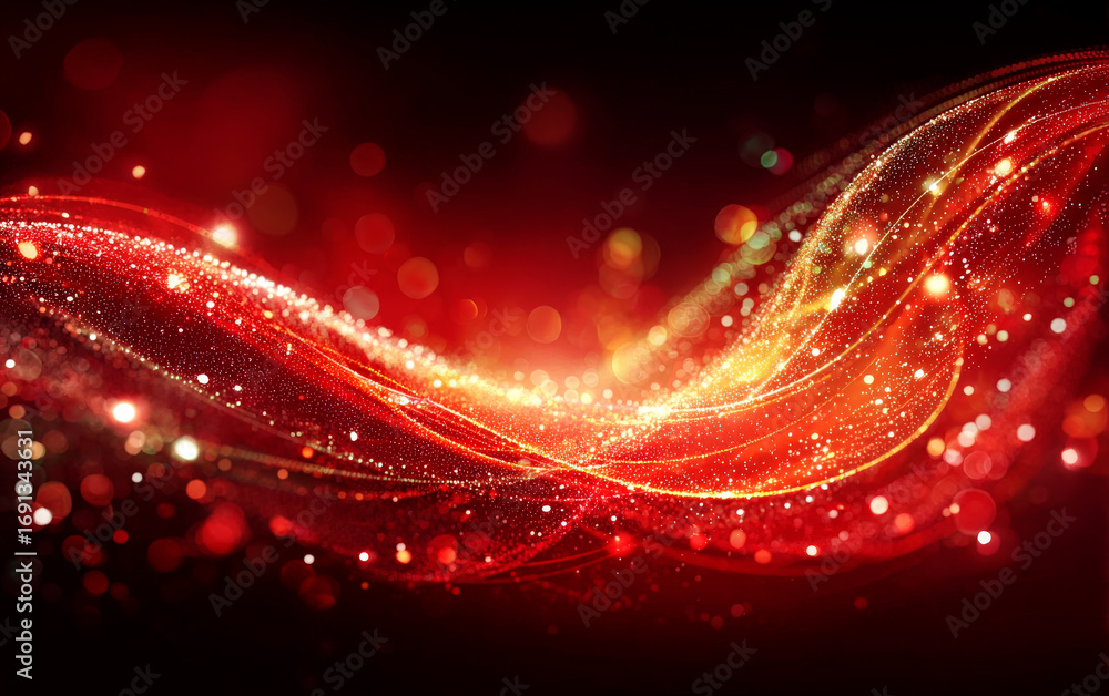 Poster dynamic red light streaks with glittering particles on dark background