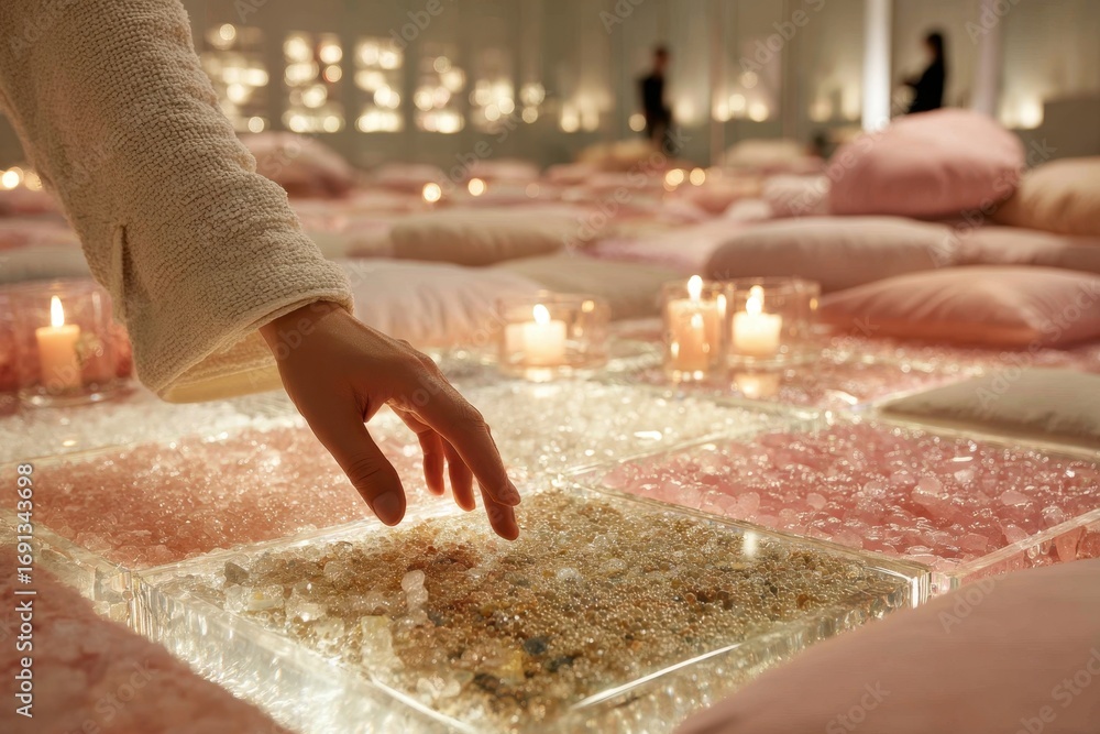 Poster hand on illuminated crystal display with soft pillows and warm candles.