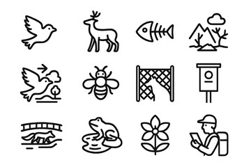 Biodiversity Icons Collection. Outline icon set of biodiversity and wildlife in mining areas: bird flying away, displaced deer,