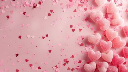 A collection of candy hearts in shades of pink and red, scattered on a pink surface with additional heart confetti falling from the top. - Powered by Adobe