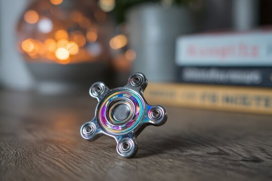 Iridescent metallic fidget spinner on wooden table with warm bokeh lights.