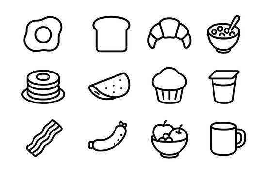 Breakfast Icon Set. Outline icon set of breakfast favorites: fried egg, toast slice, croissant, cereal bowl, pancake stack, omelet