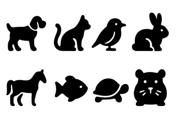 Animal Icon Grid. Solid, filled icon set of companion animals: dog, cat, bird, rabbit, horse, fish, turtle, hamster. [Solid,
