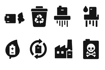 Battery Recycling Icons. Solid, filled icon set of battery pack recycling: scrap metal, recycling bin, shredder, chemical