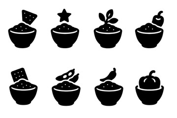 Fototapeta premium Bean Dip Icon Set. Solid, filled icon set of bean dip regional varieties: Mexican, Southwestern, Mediterranean, Tex-Mex, Caribbean