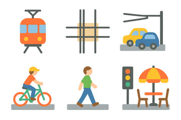 Naklejka premium Children's Tram Intersection. Flat vector mini-illustrations Intersection with tram tracks in colors children’s illustrations: