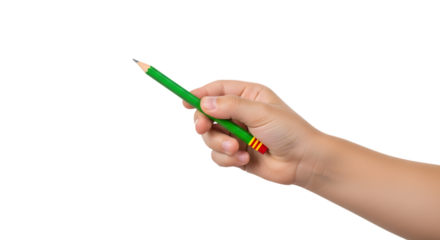 Childs hand holding a green pencil isolated on transparent background