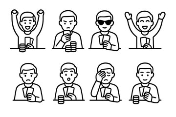 Fototapeta premium Card Player Emotions. Outline icon set of card player emotions: excitement, focus, bluffing, celebration, disappointment, surprise