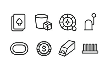 Casino Equipment Icons. Outline icon set of casino equipment: card deck, dice cup, roulette ball, slot lever, poker table, dealer
