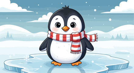 Adorable cartoon baby penguin wearing a cozy winter scarf.