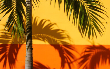 Shadow of palm leaves on bright painted wall