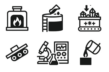 Cobalt Refining Icons. Solid, filled icon set of cobalt refining process: furnace, chemical vat, filtration system,