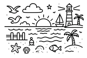 Coastal Sunset Doodle. Hand-drawn doodle illustration coastal sunset sun setting, waves, lighthouse, boat, seagull, dock, cloud,