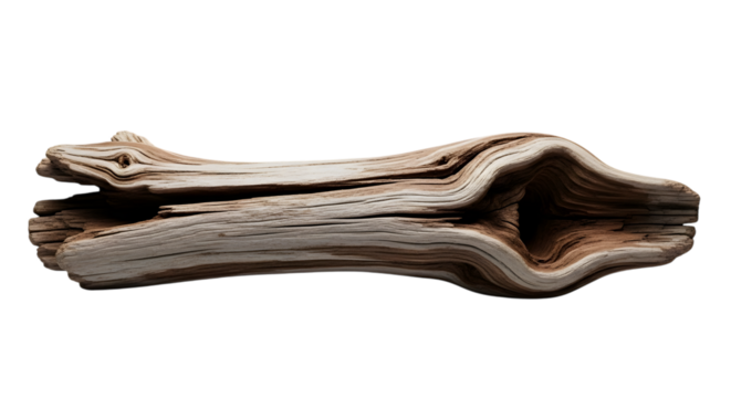 A weathered piece of driftwood with a hollowedout center, isolated on transparent background
