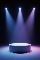 empty stage platform under neon spotlights in modern studio | product showcase, presentation, event, advertising, design theme