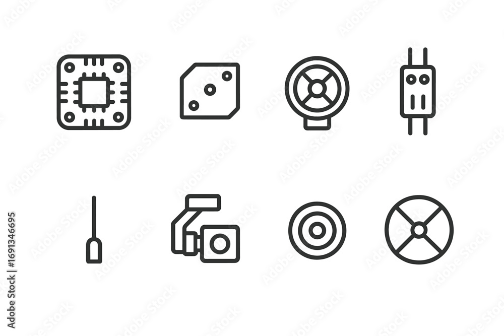 Poster command drone icon set. outline icon set of command drone components: flight controller, imu sensor,