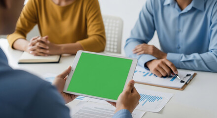 Business meeting with digital tablet featuring a green screen for easy replacement