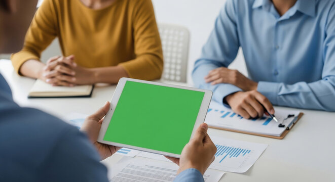 Business meeting with digital tablet featuring a green screen for easy replacement