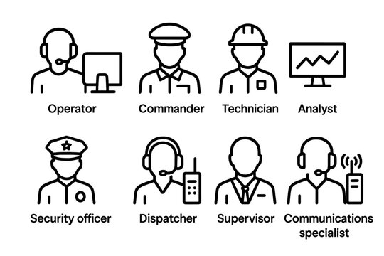 Command Center Icons. Outline icon set of command center staff: operator, commander, technician, analyst, security officer,