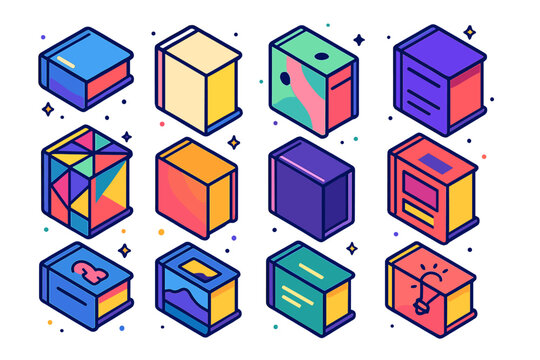 Colorful Isometric Book Icons. Colorful isometric vector icons set of modern book aesthetics: glossy cover, minimalist design,