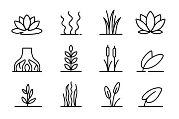 Aquatic Plant Icons. Outline icon set of aquatic plants: water lily, algae, reed grass, lotus flower, mangrove