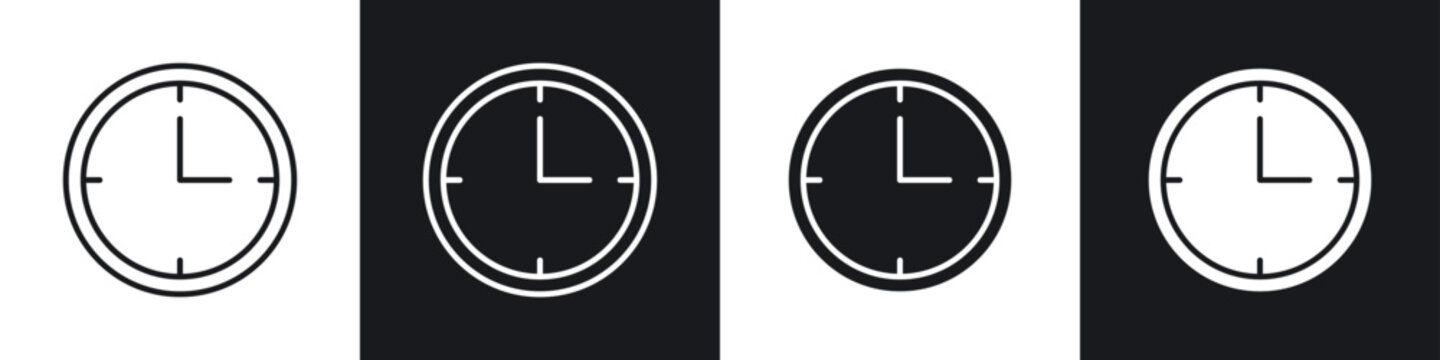 Time quarter past icons collection in black and white filled and line versions