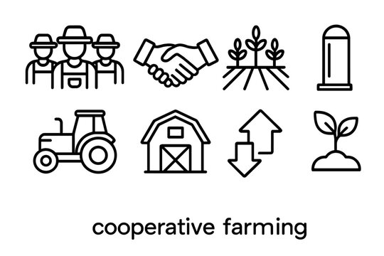 Cooperative Farming Icons. Outline icon set of cooperative farming: group of farmers, handshake, crop field,
