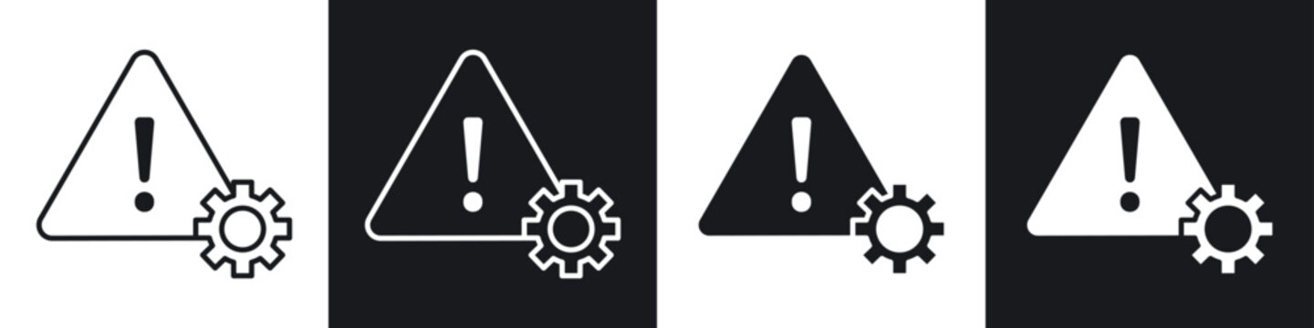 Technical warning icons collection in black and white filled and line versions