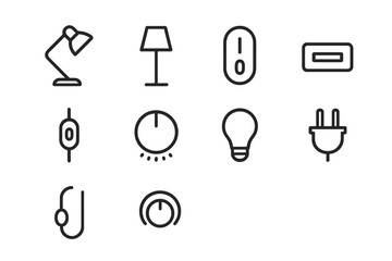 Lamp Switch Icons Grid. Outline icon set of floor and desk lamp switches: desk lamp, floor lamp, switch button