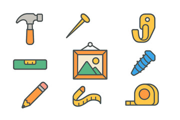 Obraz premium Colorful Framing Tools Grid. Flat vector mini-illustrations Picture frame hanging in colors children's illustrations: framing