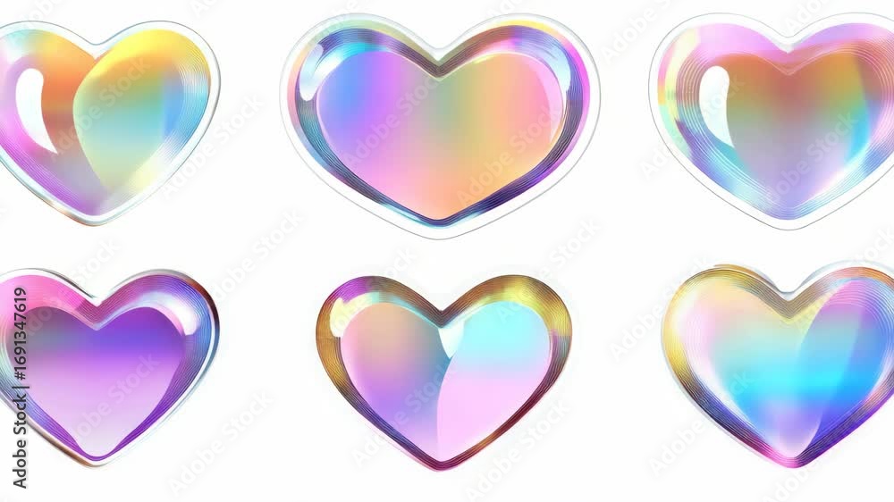 Poster a set of six colorful hearts. the hearts are in different colors and sizes. they are all placed next