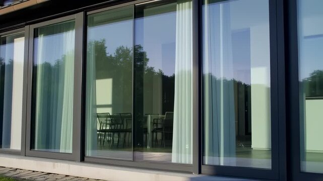 Modern sliding glass doors with white curtains, reflecting a patio or interior space