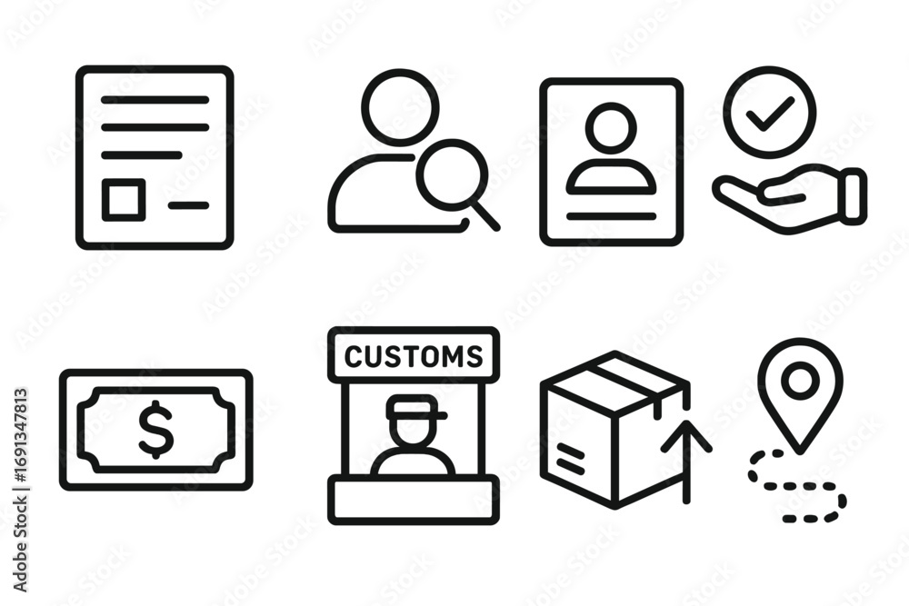 Poster customs workflow icons. outline icon set of customs workflow: application form, review process, veri